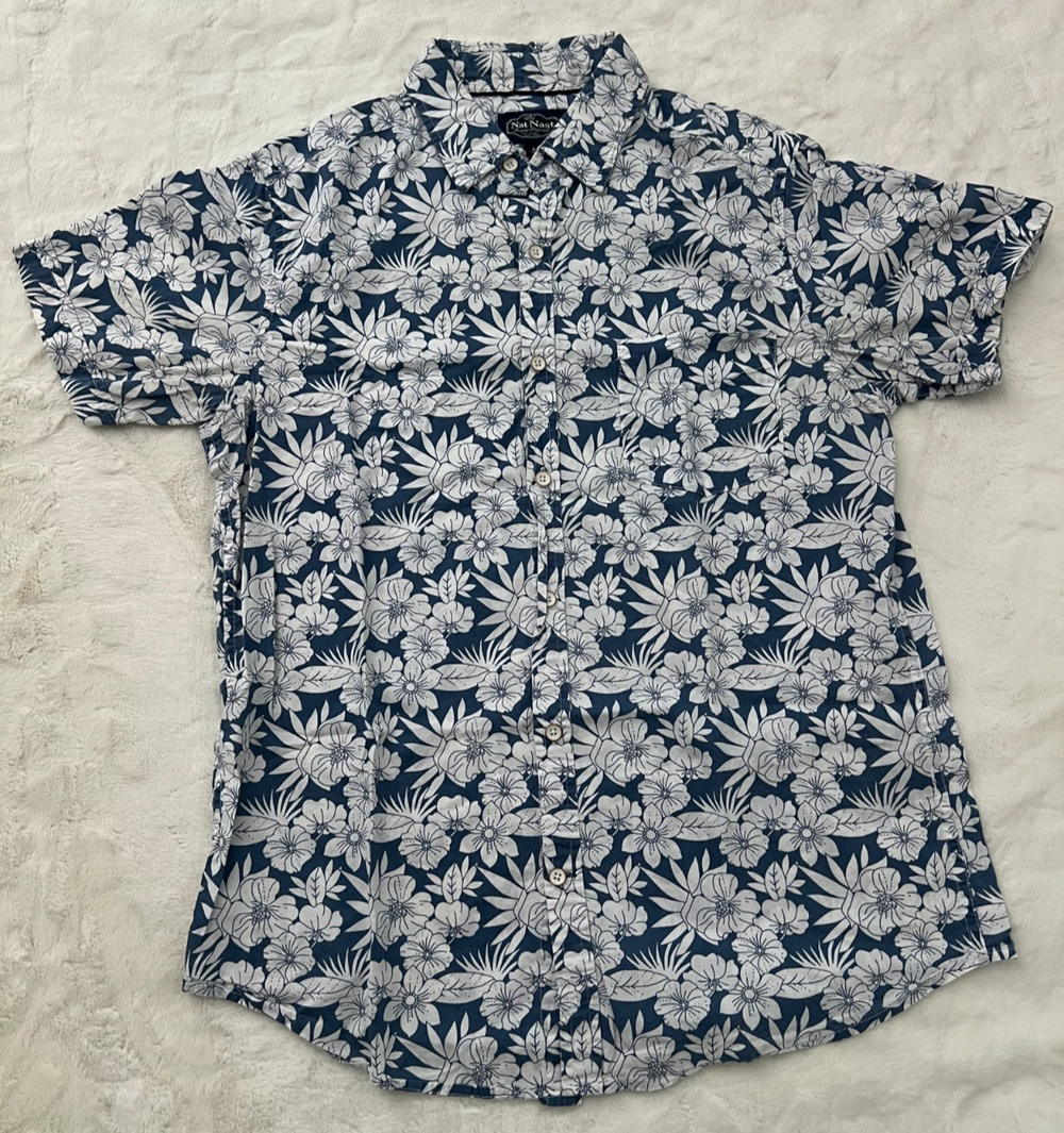 Nat Nast Mens Medium Blue White Floral Hawaiian Shirt Short Sleeve Button Up